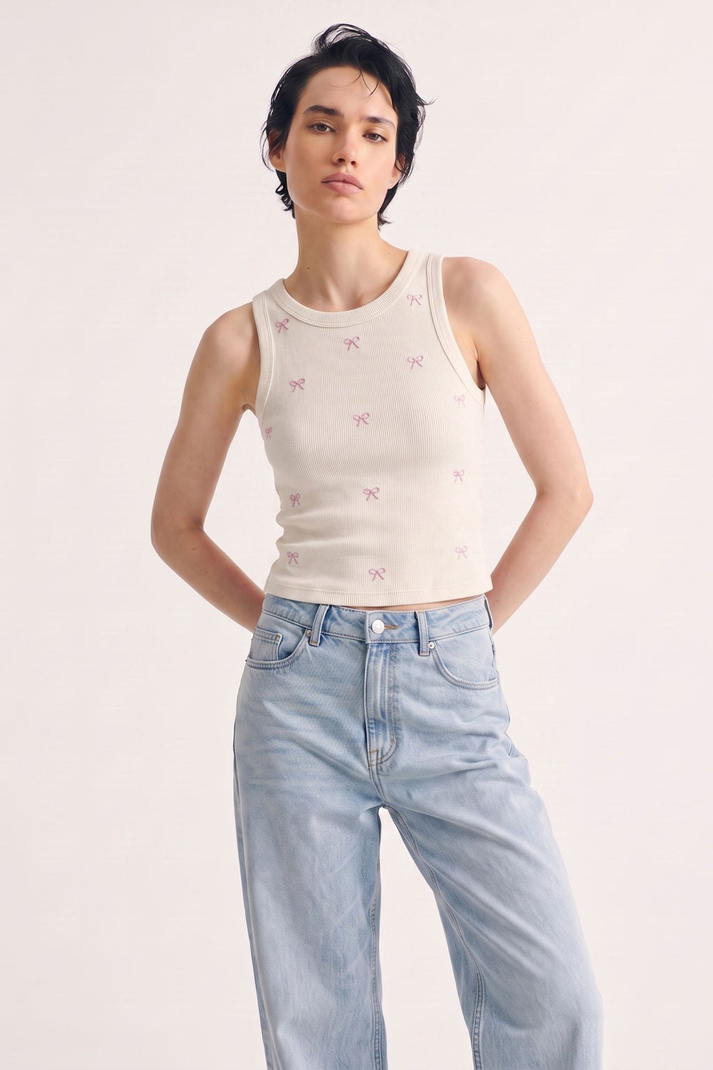 Cream Bow Struck Ribbed Tank 🎀
