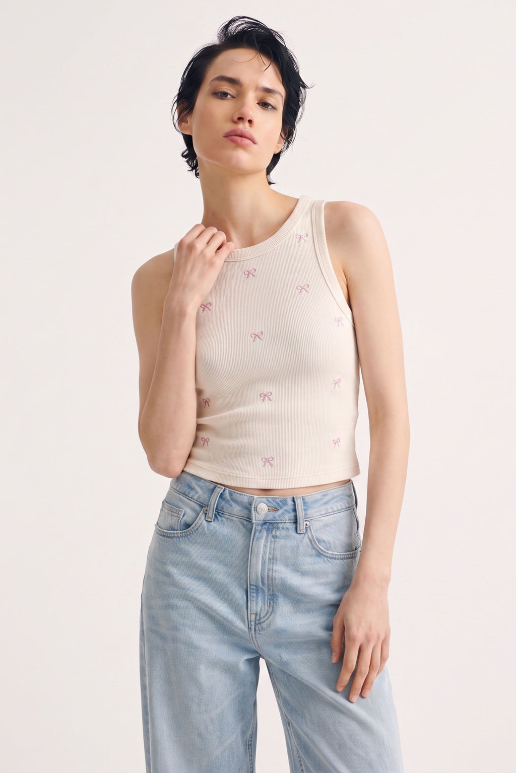 Cream Bow Struck Ribbed Tank 🎀