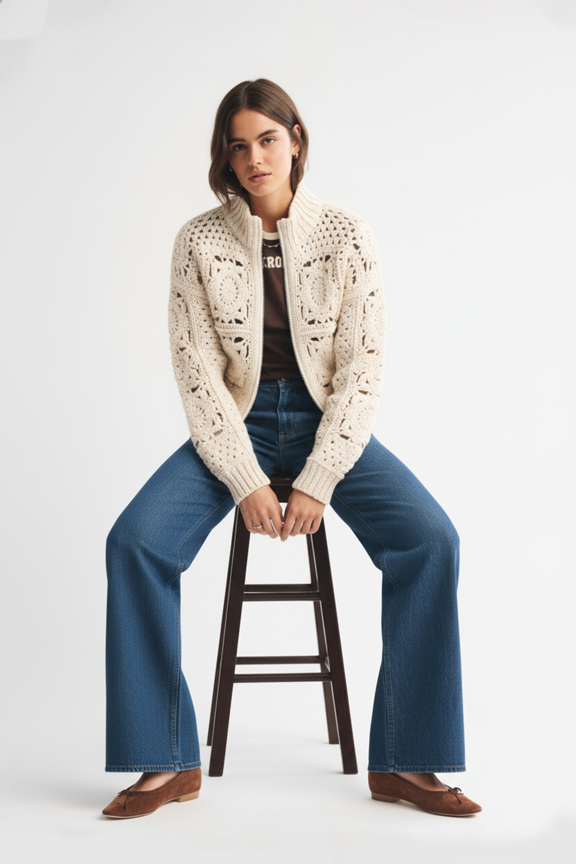 Ivory Crochet Zip-Up Jacket