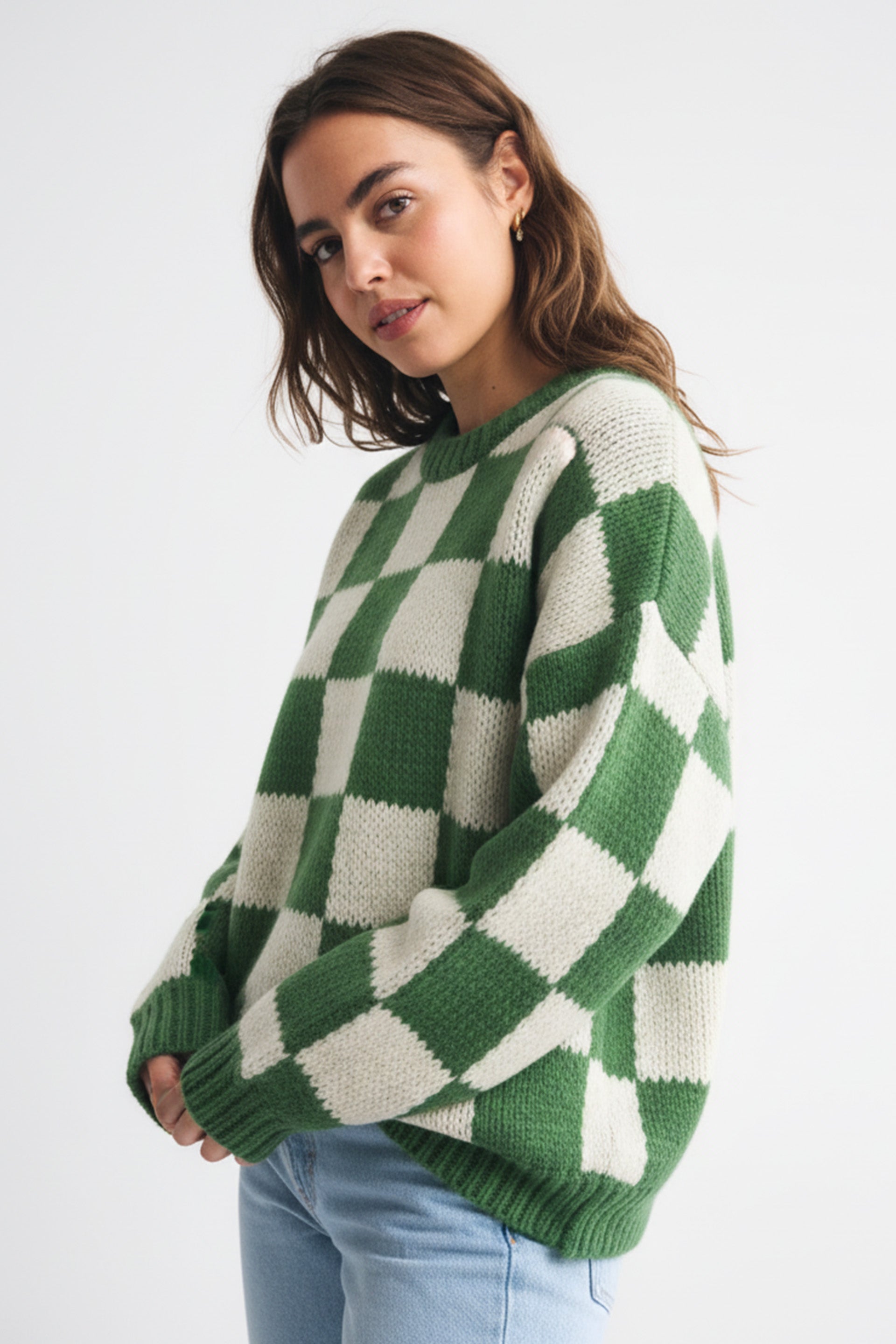 Green Checkered Crochet Sweater