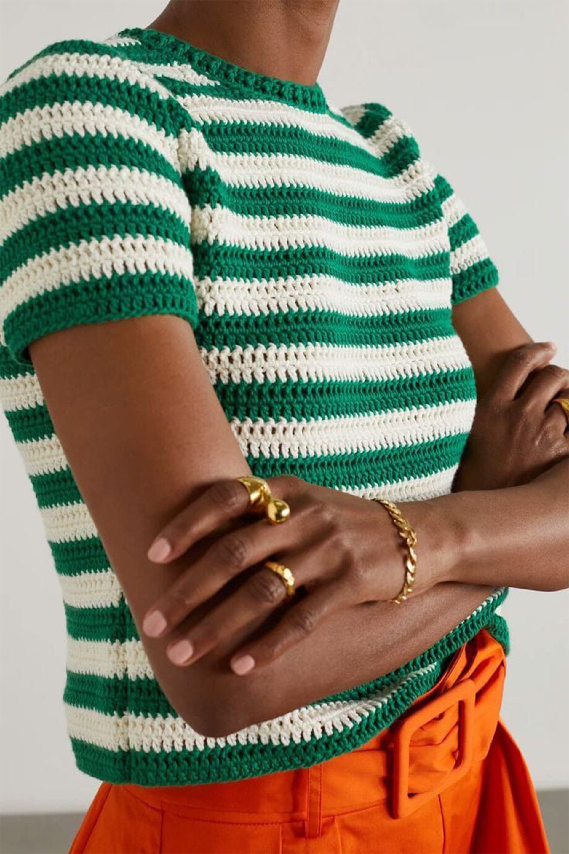 Green and White Striped Crochet Top