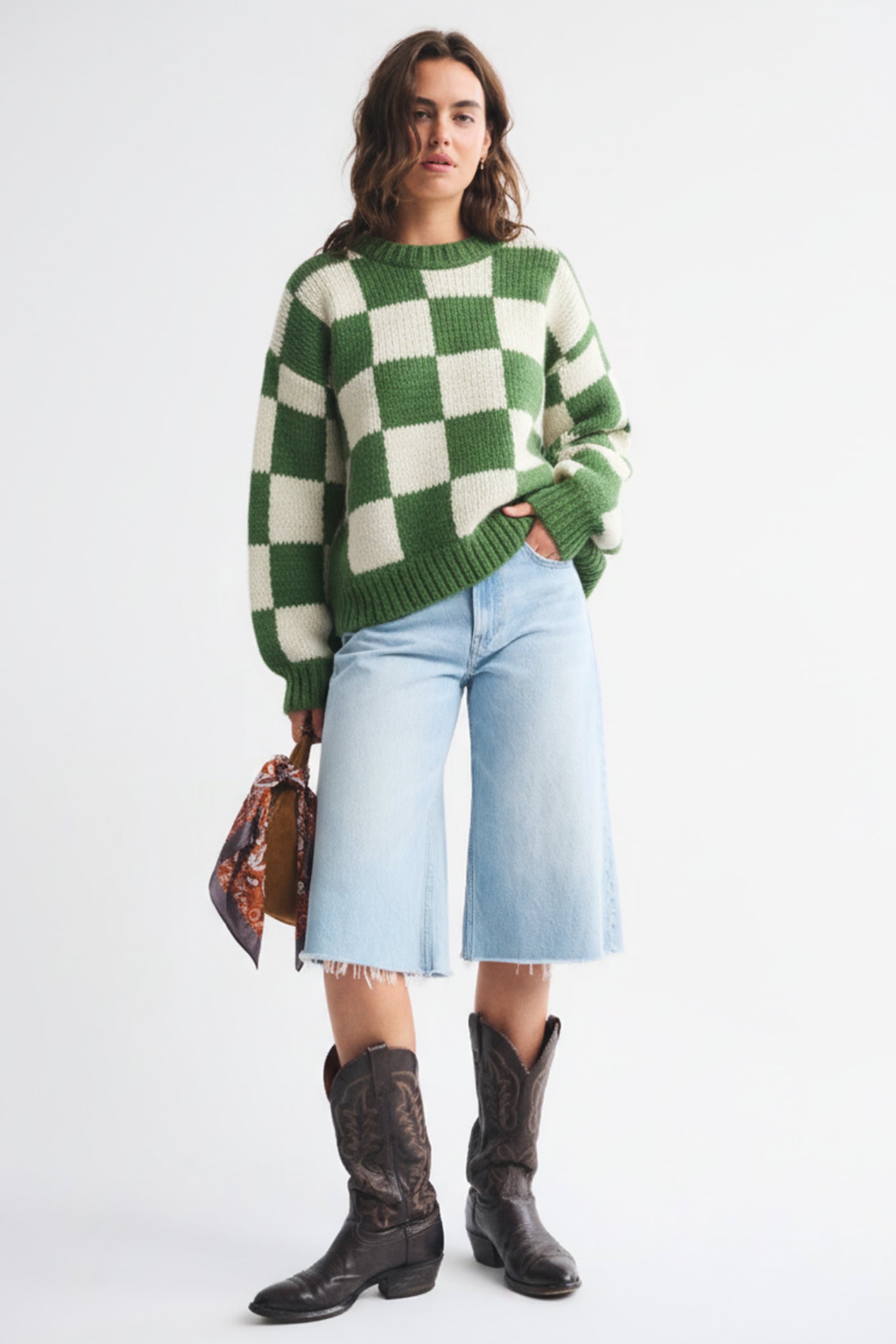 Green Checkered Crochet Sweater