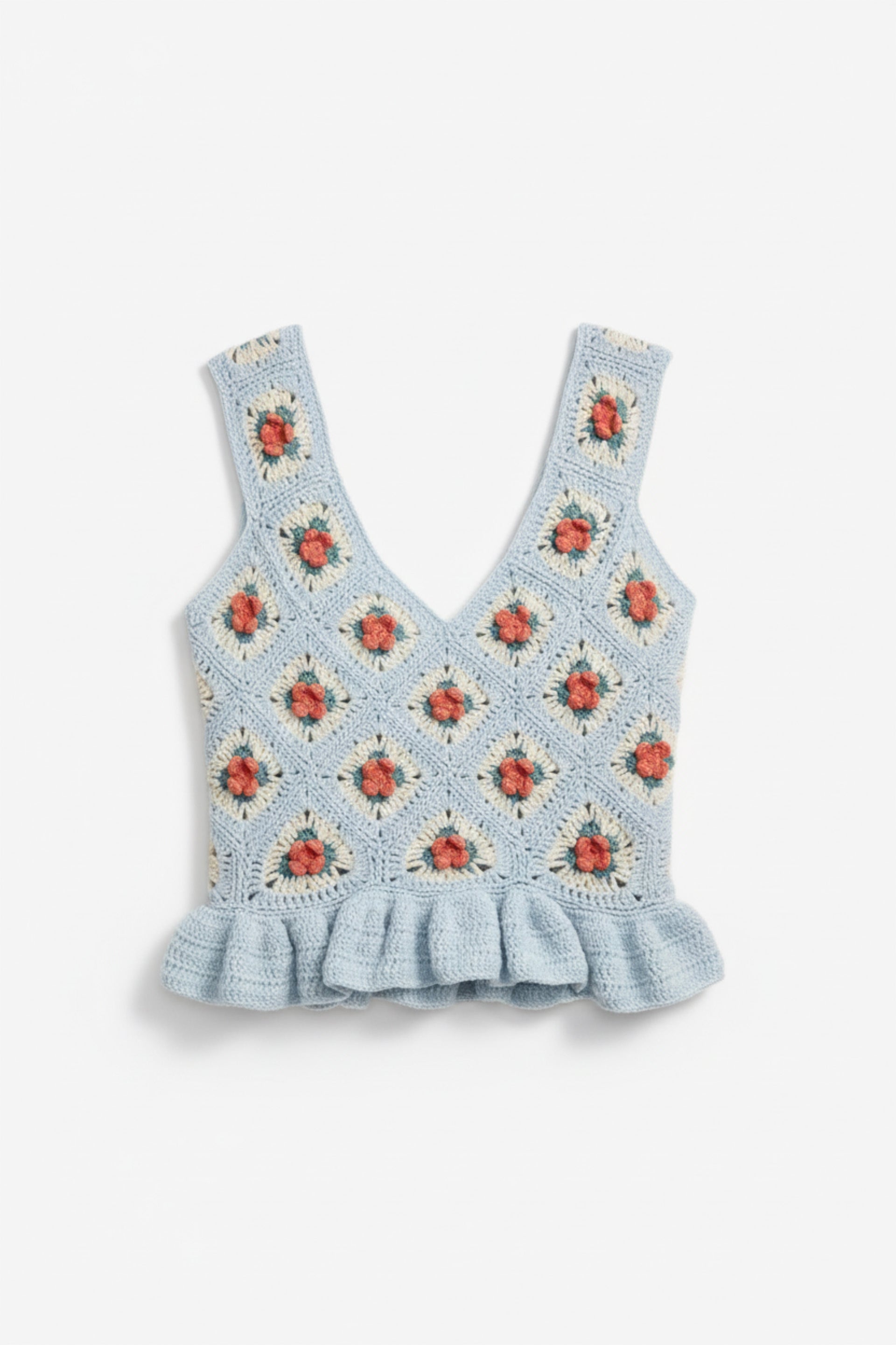 crochet top, handmade crochet peplum, floral crochet top, blue crochet blouse, granny square crochet, boho crochet fashion, slow fashion crochet