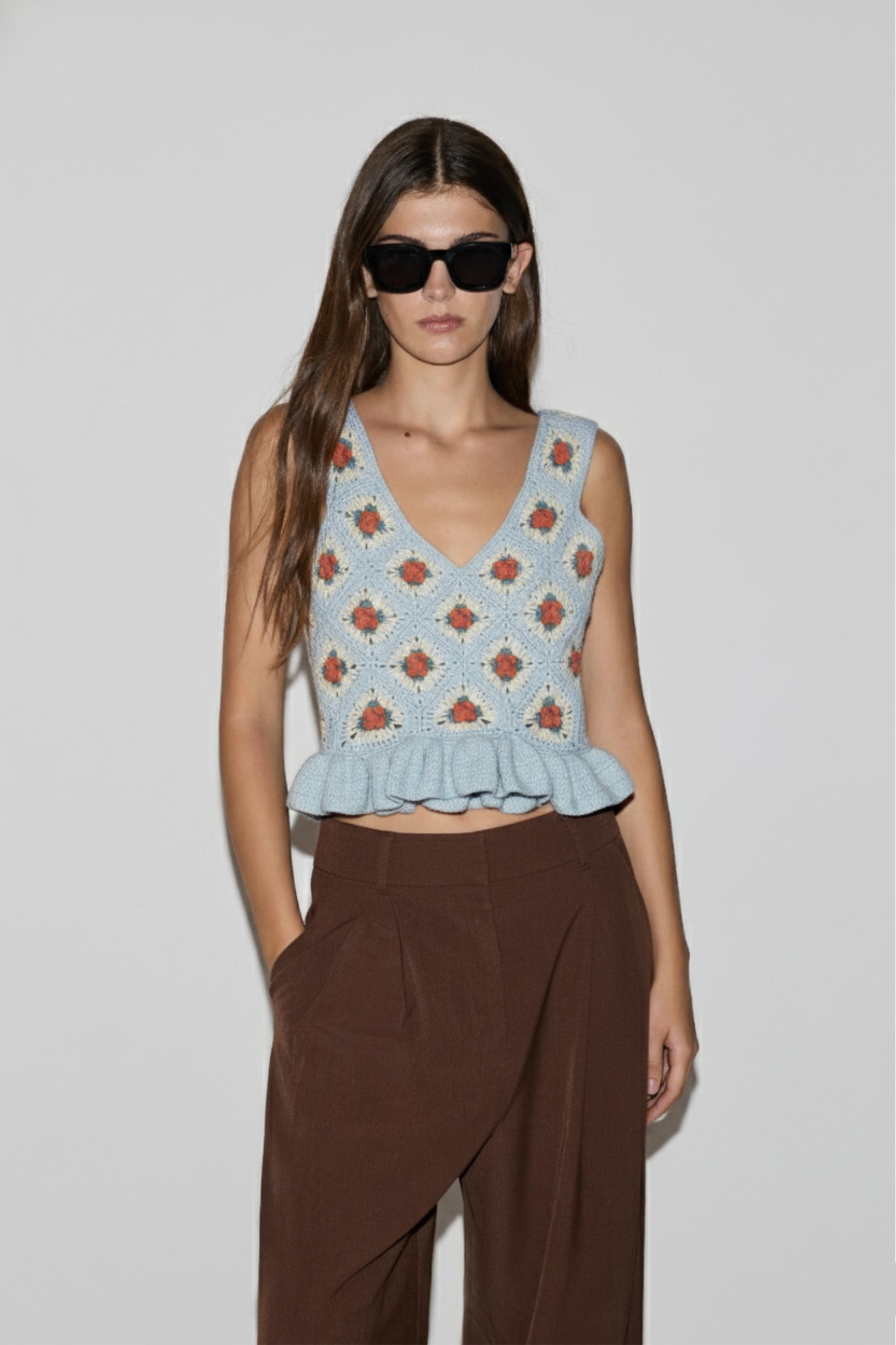 crochet top, handmade crochet peplum, floral crochet top, blue crochet blouse, granny square crochet, boho crochet fashion, slow fashion crochet