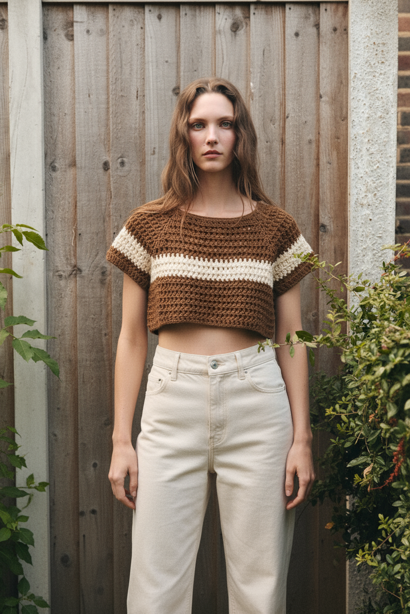 Cocoa Stripe Crochet Crop Top